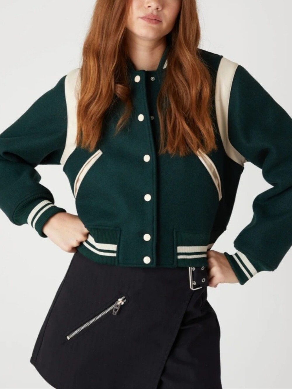 Blank NYC Dark Green Varsity Jacket with Cream Trim